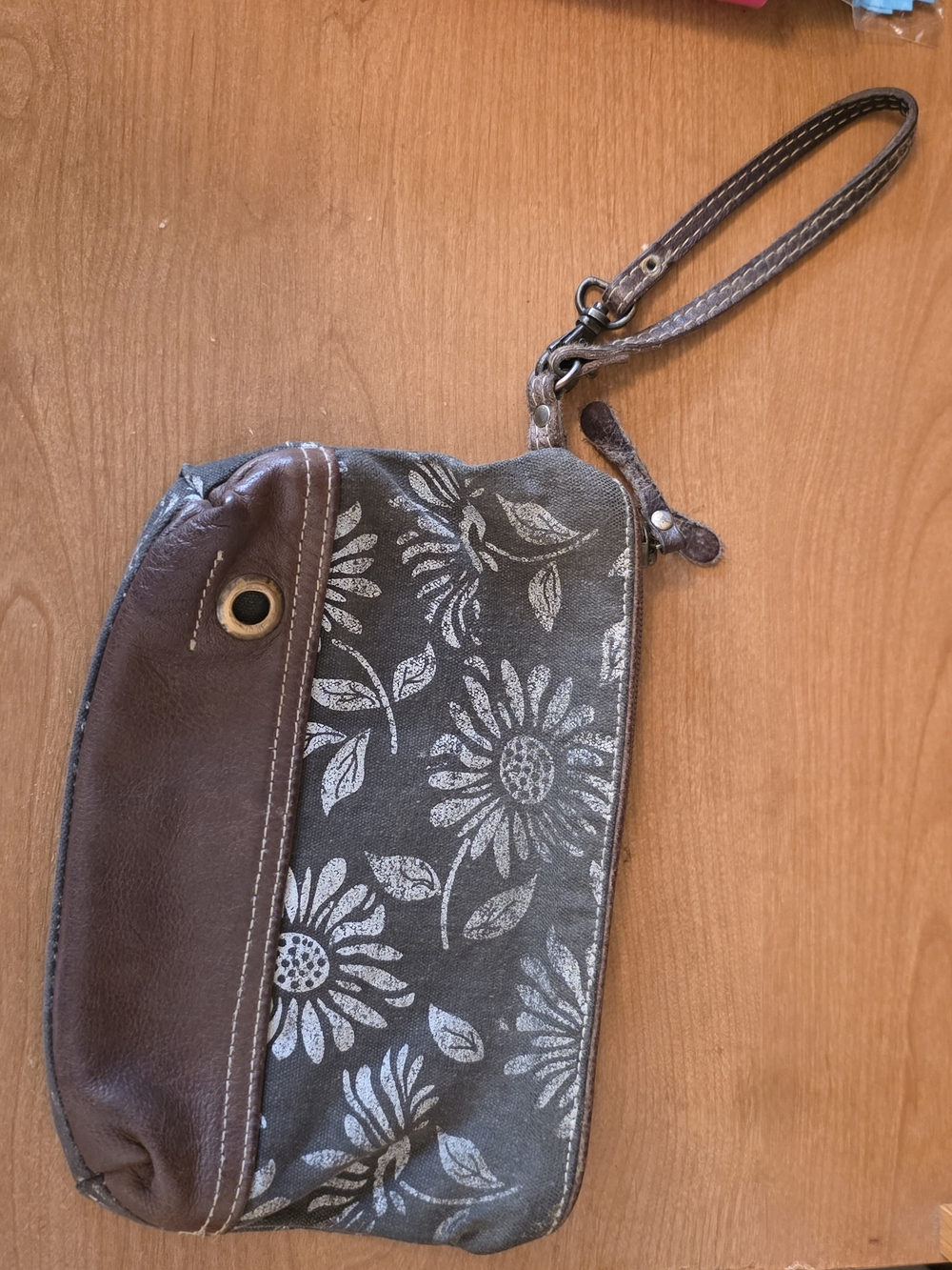 Myra Bag Gray Floral Wristlet with Brown Trim